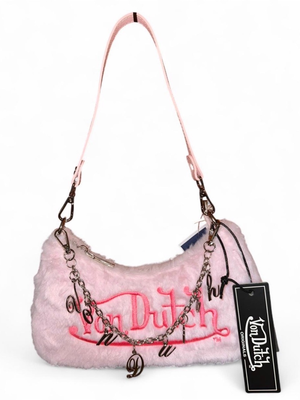 Von Dutch Pink Faux Fur Shoulder Bag with Chain Charm